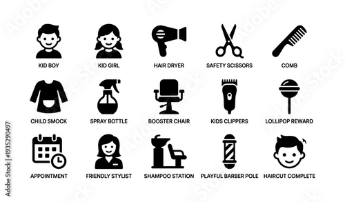 Salon icons for kids haircuts with tools and accessories