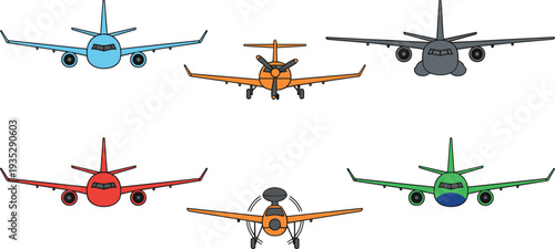 Colorful Airplane Front View Vector Set Isolated on White Background, Commercial Jet and Propeller Aircraft Illustration Collection for Aviation Design