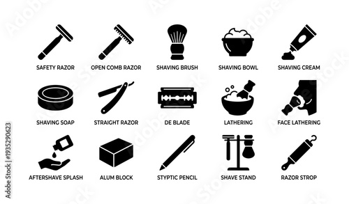 Shaving tool icons with safety razor, shaving brush, and accessories