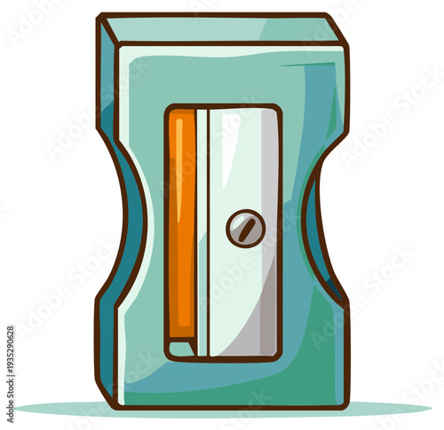 Turquoise pencil sharpener cartoon style, school supply, stationery, vector illustration