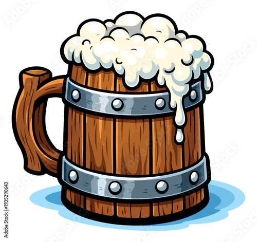 Cartoon hand drawn illustration of a wooden beer mug depicting frothy foam overflowing for a celebration or beverage menu