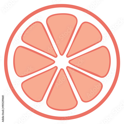 Flat illustration of a pink grapefruit slice with segments and rind