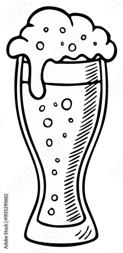 Hand drawn illustration of a foamy beer glass with bubbles and overflowing head