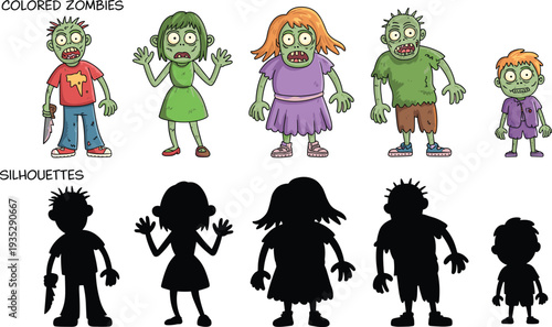 Cartoon zombie matching puzzle game with colorful characters and silhouettes, fun educational activity for kids, Halloween themed brain teaser vector illustration design