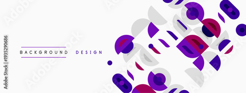 Abstract geometric shapes, purple hues, white backdrop. Modern design elements create dynamic visual texture. Minimalist style.