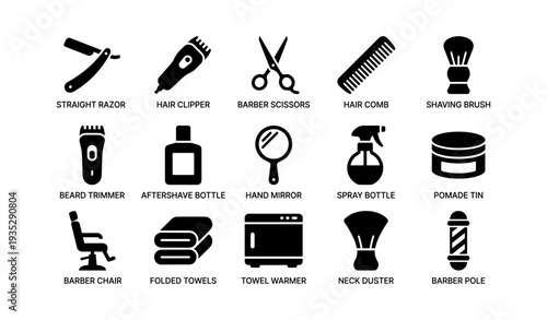 Barber shop tools collection with icons of razor, scissors, comb, and more