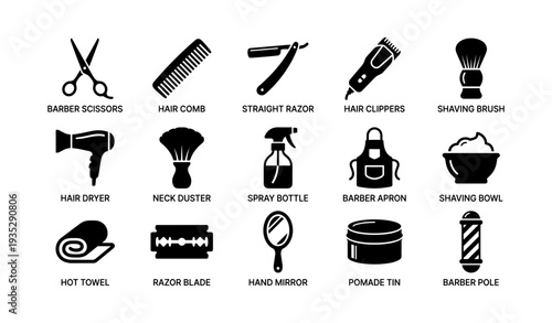 Barber tools: scissors, razor, clipper, brush, mirror, comb