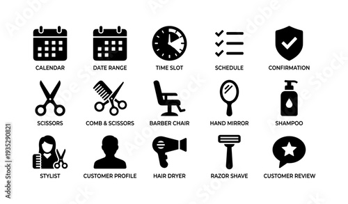 Barbershop icon set: calendar, tools, services, customer profile