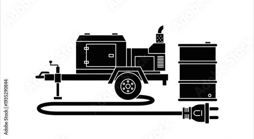 Portable Industrial Power Generator Vector with Fuel Barrel and Electric Plug Cable.