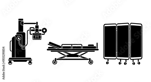 Medical Hospital Equipment Vector: X-Ray Machine, Patient Stretcher Bed, and Privacy Screen.
