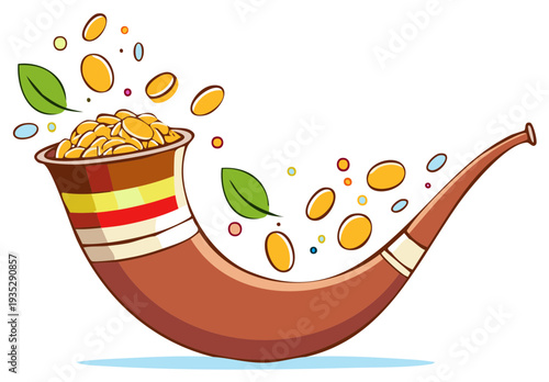 Cornucopia Filled with Golden Coins and Green Leaves Isolated Vector Cartoon Illustration