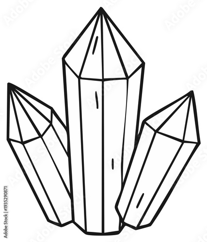 Black and white outline drawing of three faceted crystals or gemstones