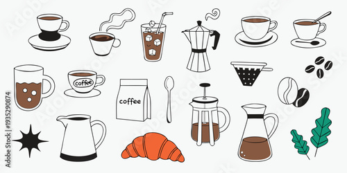 Coffee and Breakfast Doodle Icons with Cups Mugs Coffee Pot Beans and Croissant illustration