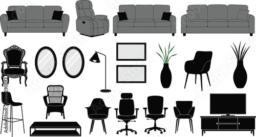 Comprehensive set of living room furniture silhouettes including sofas chairs lamps mirrors and office desk chairs for interior design and home decor planning