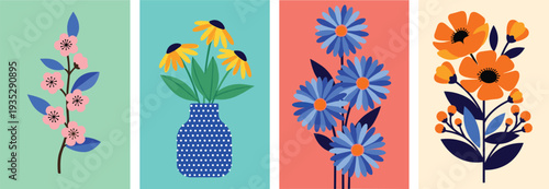 Colorful botanical wall art collection featuring vibrant spring flowers in vases, floral bouquets, and blooming cherry blossoms for modern interior home decor.