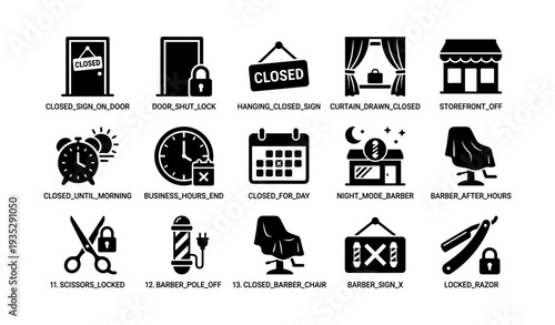 Closed business icons set featuring signage and barber symbols