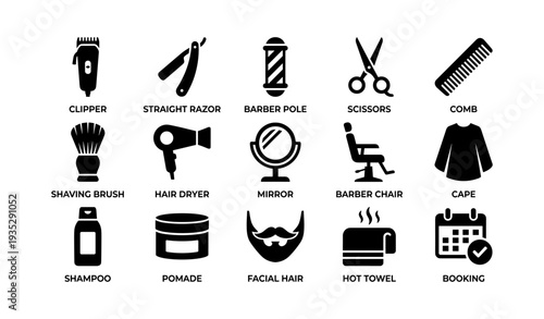 Barber tools set: clipper, razor, mirror, comb, chair, towel, booking