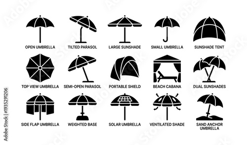 Variety of umbrellas and sunshades: types, designs, and uses illustrated