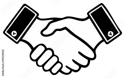 Black and white illustration of a handshake, symbolizing agreement and partnership.