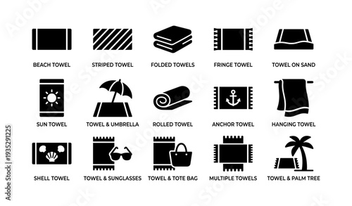 Icon set of beach towels and accessories with various designs and styles