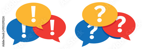 Colorful flat design speech bubble icon set featuring exclamation and question marks for communication and information