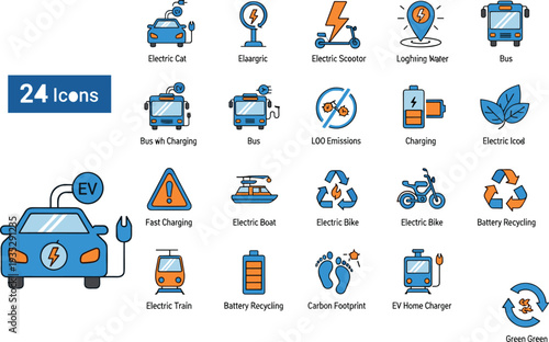 Flat vector icon set of electric vehicles and eco friendly transportation including electric car bus bike scooter train boat and battery charging stations for sustainability