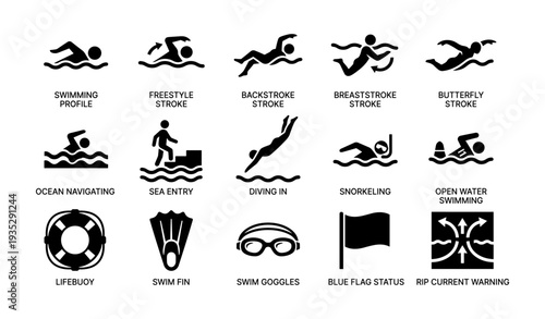 Swimming and water activity icons: strokes, safety, diving, snorkeling, open water