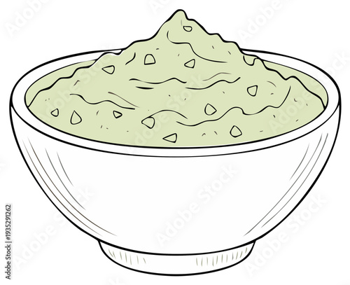 Traditional Mexican chunky avocado guacamole dip in a classic serving bowl sketch illustration
