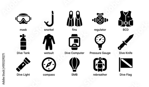 Scuba diving equipment icons: mask, snorkel, fins, regulator, bcd, dive knife, rebreather