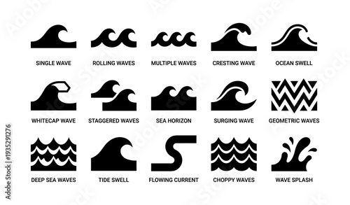 Wave icons collection: varied ocean wave symbols and patterns