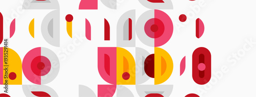 Abstract pattern features overlapping circles, rectangles, dots. Pink, gray, yellow hues create playful visual texture. Simple shapes repeat.