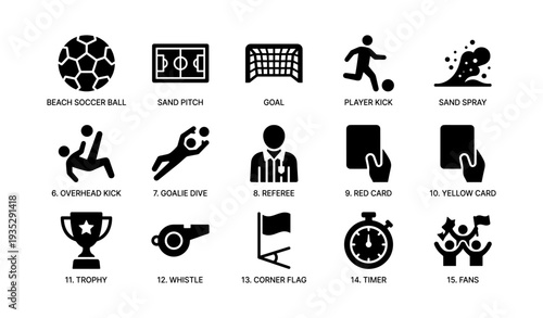 Beach soccer icons: ball, pitch, goal, referee, trophy, timer
