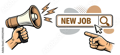 Hand drawn line art illustration of a megaphone and a search bar depicting a new job search for employment