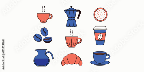 Coffee Icons Set with Cups Mugs Coffee Pot Beans and Croissant illustration