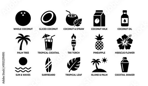 Tropical icons: coconut, palm tree, tiki torch, cocktail, surfboard, island