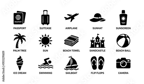Summer vacation icons: travel essentials and beach activities
