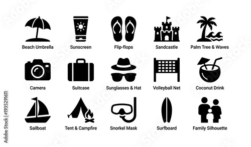 Summer beach vacation icons: sandcastle, sunglasses, snorkel, coconut drink, surfboard