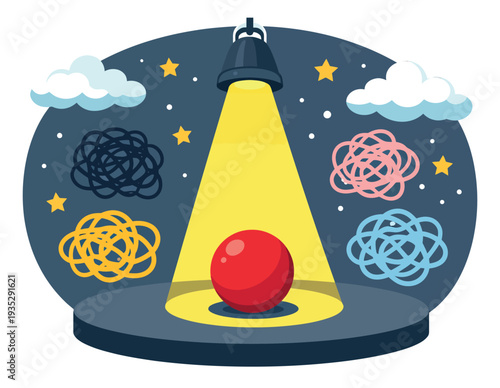 Modern flat illustration of a red ball under a spotlight depicting clarity amidst tangled problems for business decision making