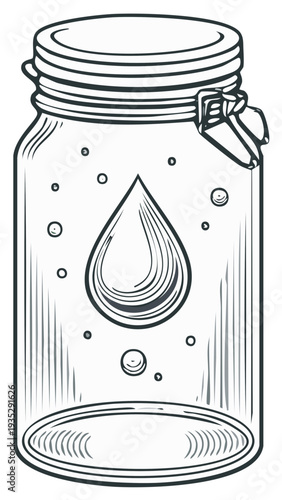 Clear glass jar with a large water droplet and bubbles inside, outline illustration