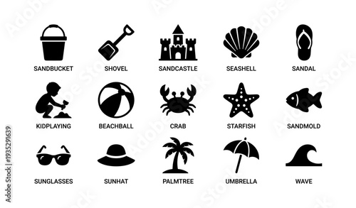 Beach essentials: sandbucket, kid playing, palm tree, waves, sandcastle, starfish, umbrella