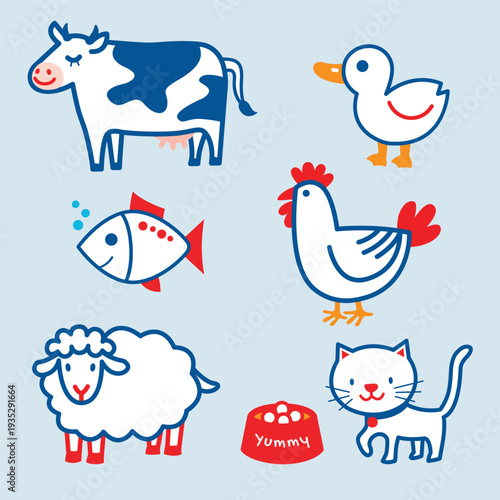 Hand-drawn pet food protein ingredients and animal icon set for packaging design