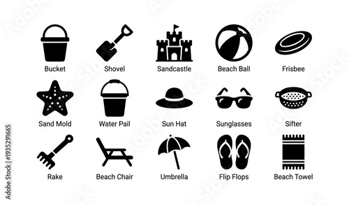 Beach essentials icons: buckets, shovels, sandcastles, frisbees, sunglasses, flip flops