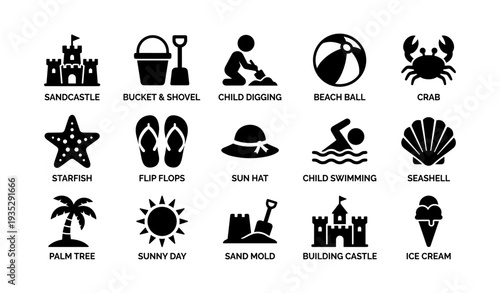 Summer beach activities icons: sandcastle, beach ball, palm tree, sun hat, seashell