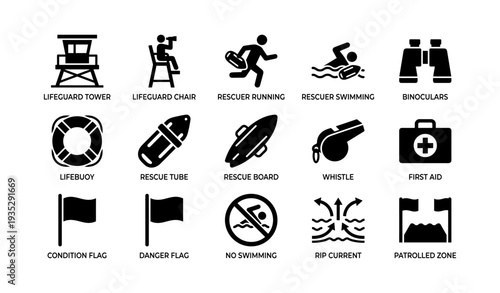 Lifeguard icons: equipment, activities, safety signals for beach and pool safety