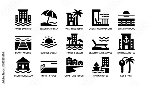 Icon set of hotel buildings, beach umbrella, palm trees, and ocean views