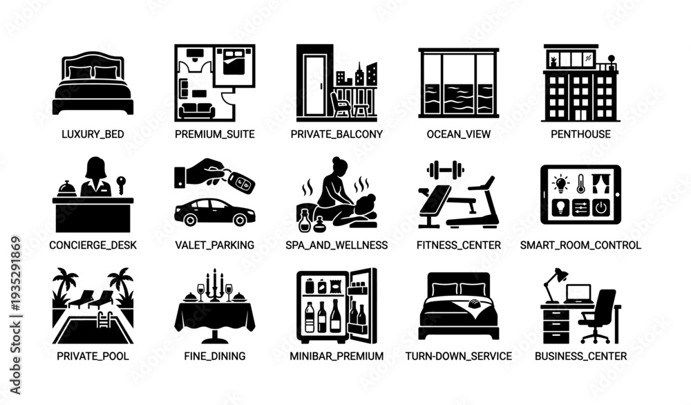 Fototapeta premium Hotel amenities icons: luxury bed, premium suite, private balcony, ocean view, penthouse, concierge desk, valet parking, spa, fitness center, smart room control