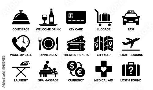 Hotel amenities icons: concierge, dining, travel services, wellness, assistance