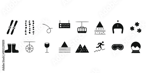 Collection of black and white icons representing winter sports and activities on a white background
