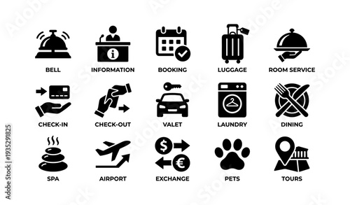 Hotel service icons: bell, information, booking, luggage, dining, spa, airport, exchange, pets, tours