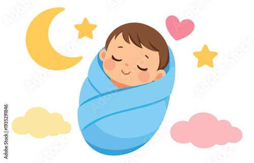 Cute cartoon illustration of a newborn baby depicting peaceful sleep surrounded by stars and moon for baby shower designs